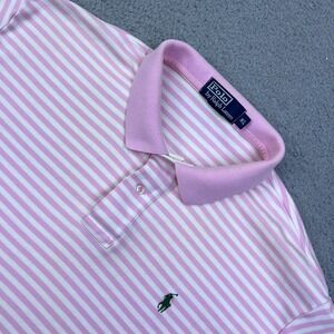 VTG Polo Ralph Lauren Polo Shirt XL Pink Striped Ringer Pony Easter Short Sleeve